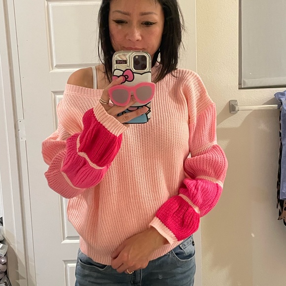 027 Cozy Pink Color Block Oversized Sweater Top - Picture 5 of 7